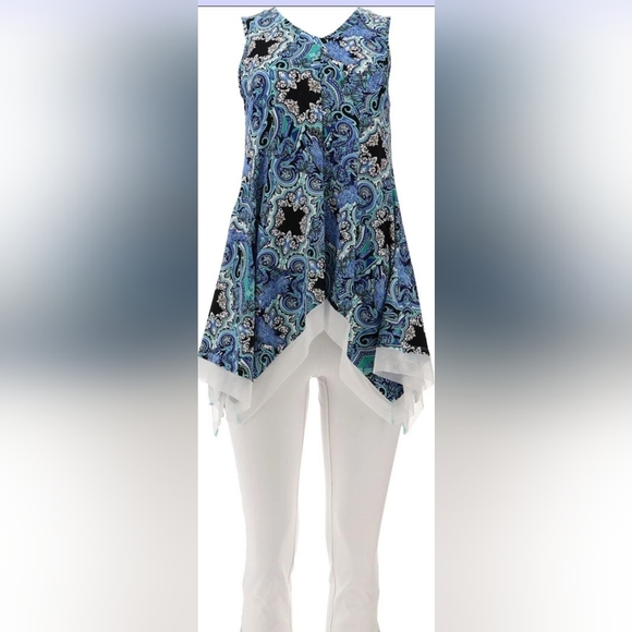 2 Pc Petite Attitudes by Renee High Low Tank W/ Mesh Trim & White Crop Pants- SP - Picture 1 of 10